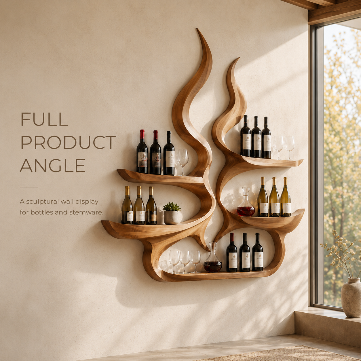 Solid Wood Wall Wine Rack with Glass Holder - Arched - product image 03