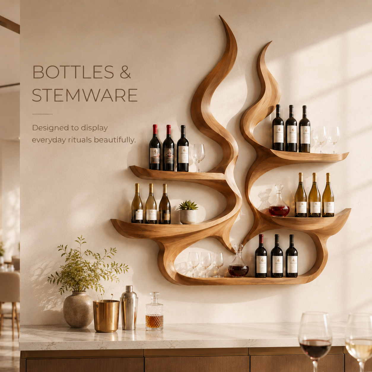 Solid Wood Wall Wine Rack with Glass Holder - Arched - product image 07