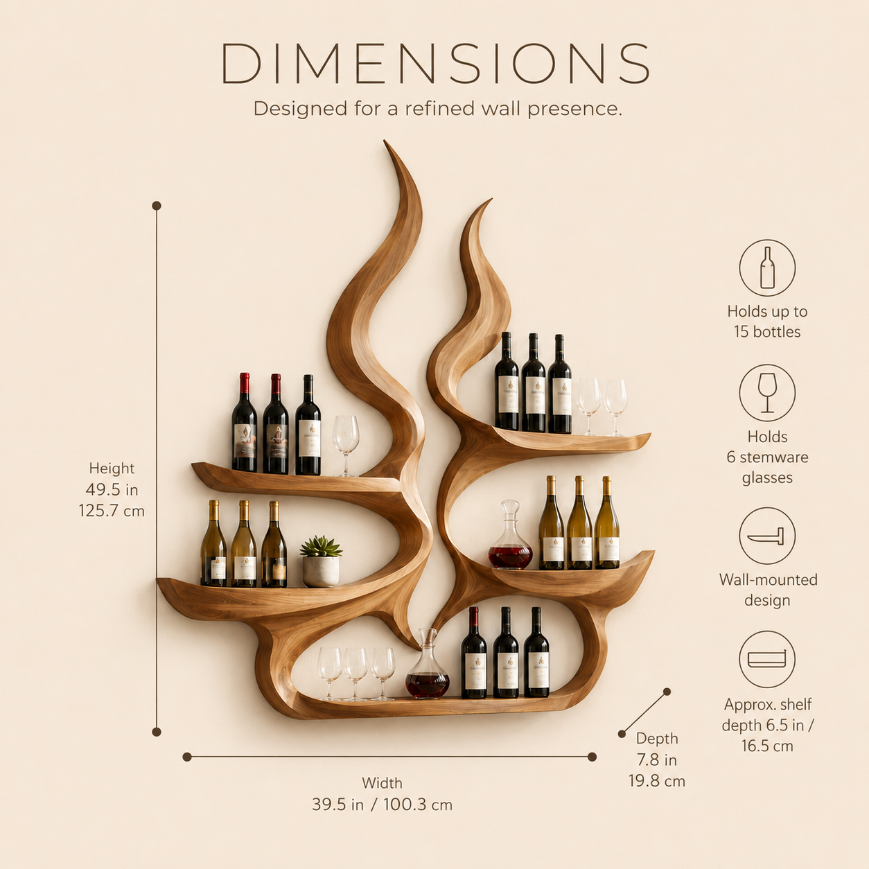 Solid Wood Wall Wine Rack with Glass Holder - Arched - product image 08