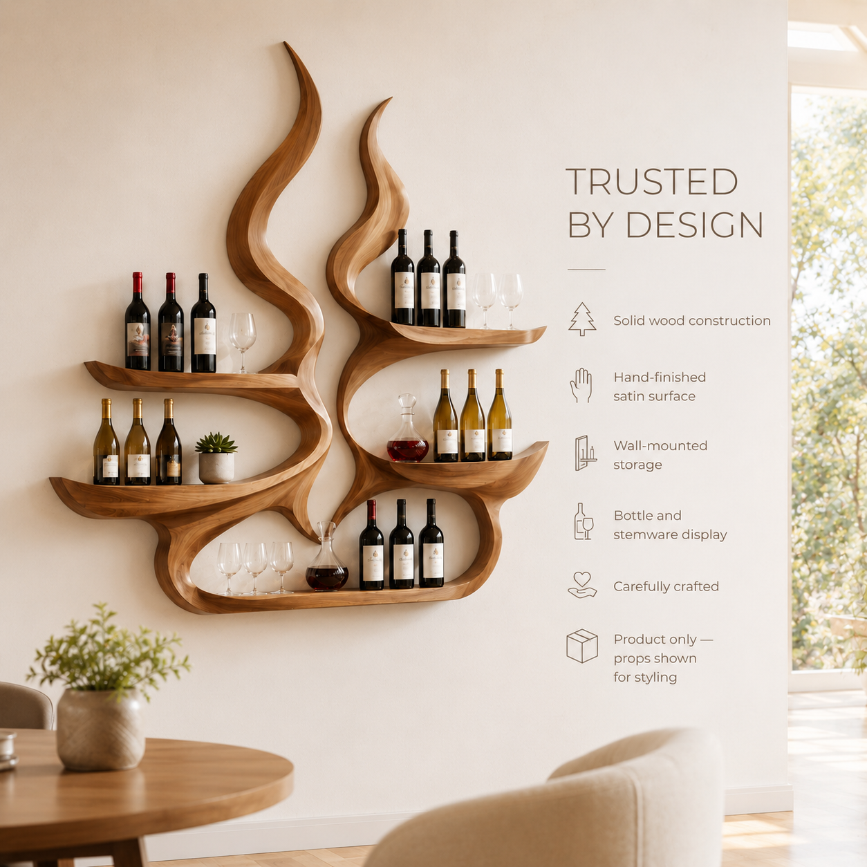 Solid Wood Wall Wine Rack with Glass Holder - Arched - product image 09