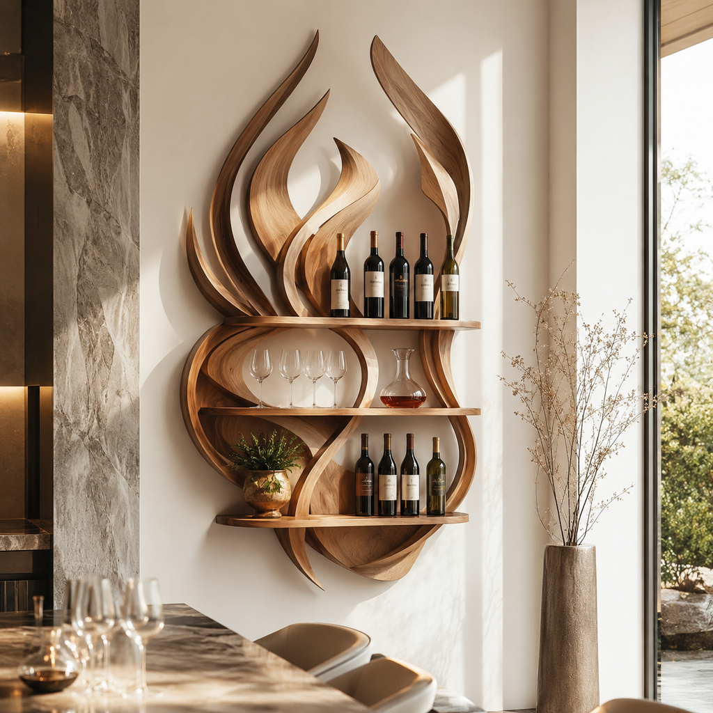 Solid Wood Wall Wine Rack with Glass Holder - Crescent - main view
