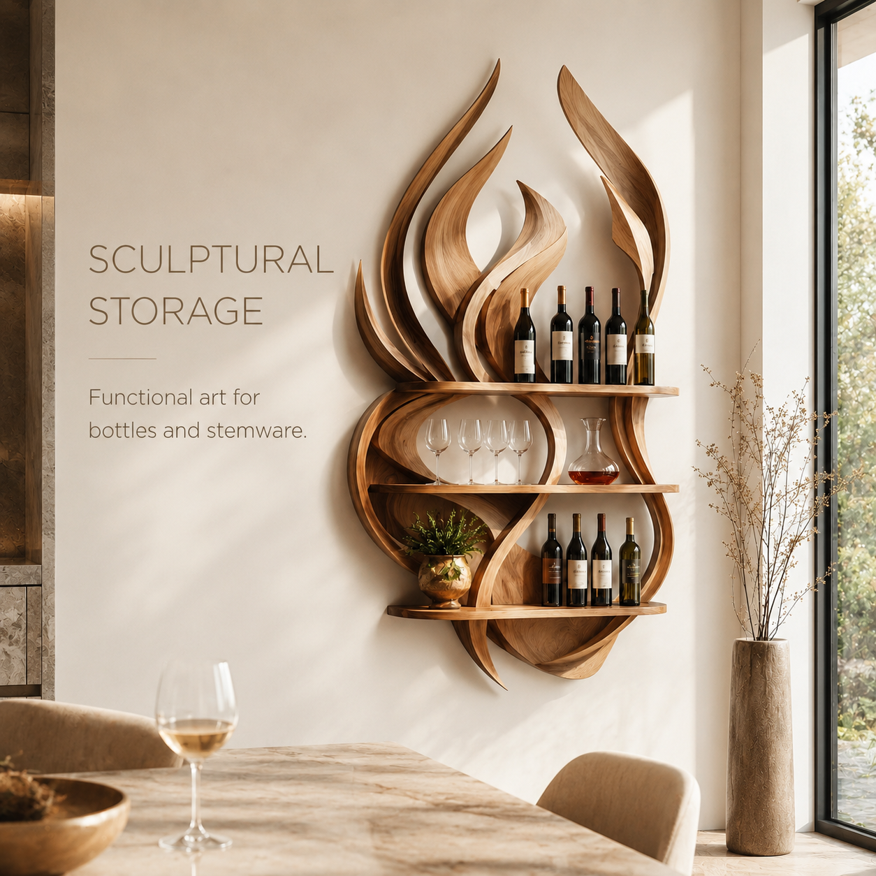 Solid Wood Wall Wine Rack with Glass Holder - Crescent - product image 02