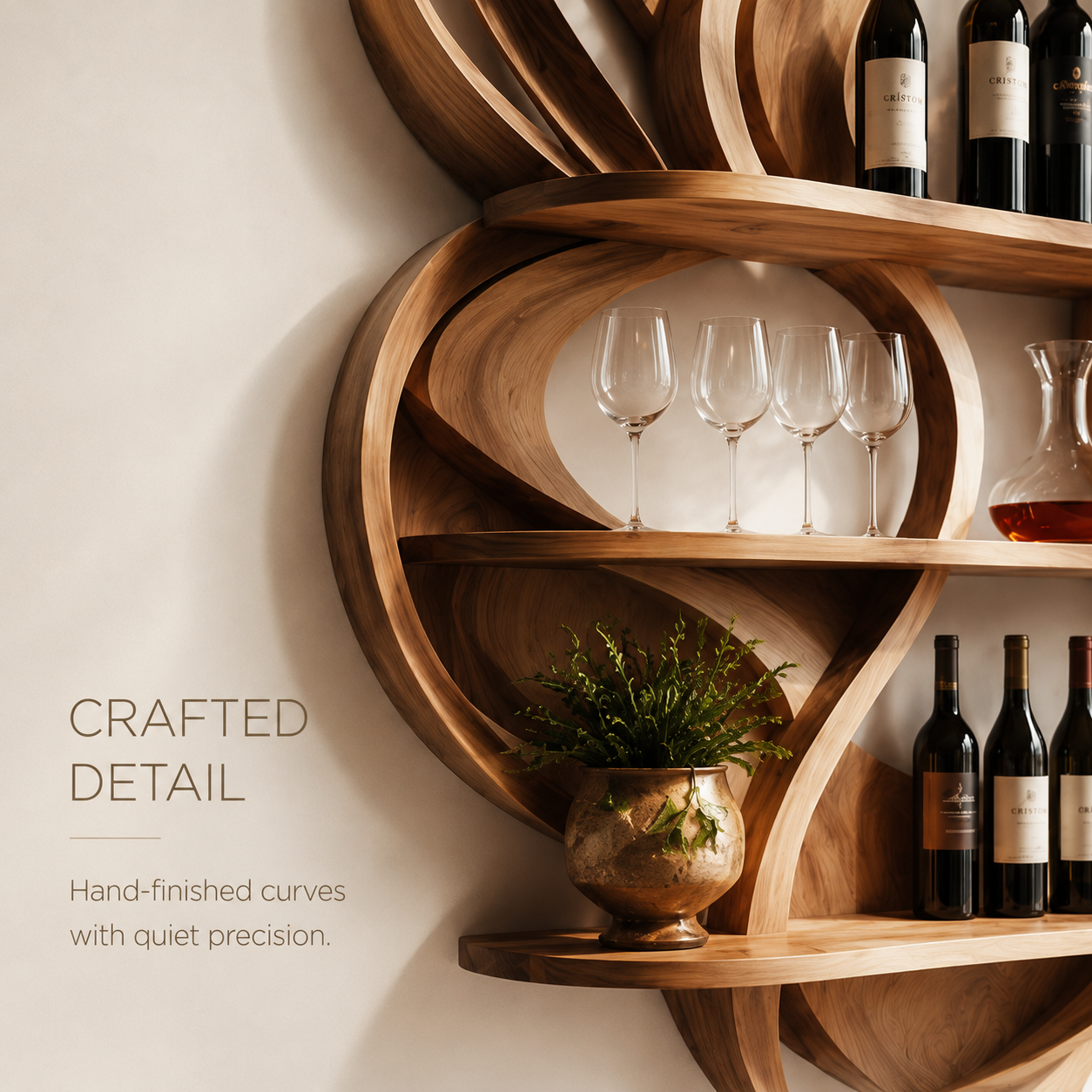 Solid Wood Wall Wine Rack with Glass Holder - Crescent - product image 06