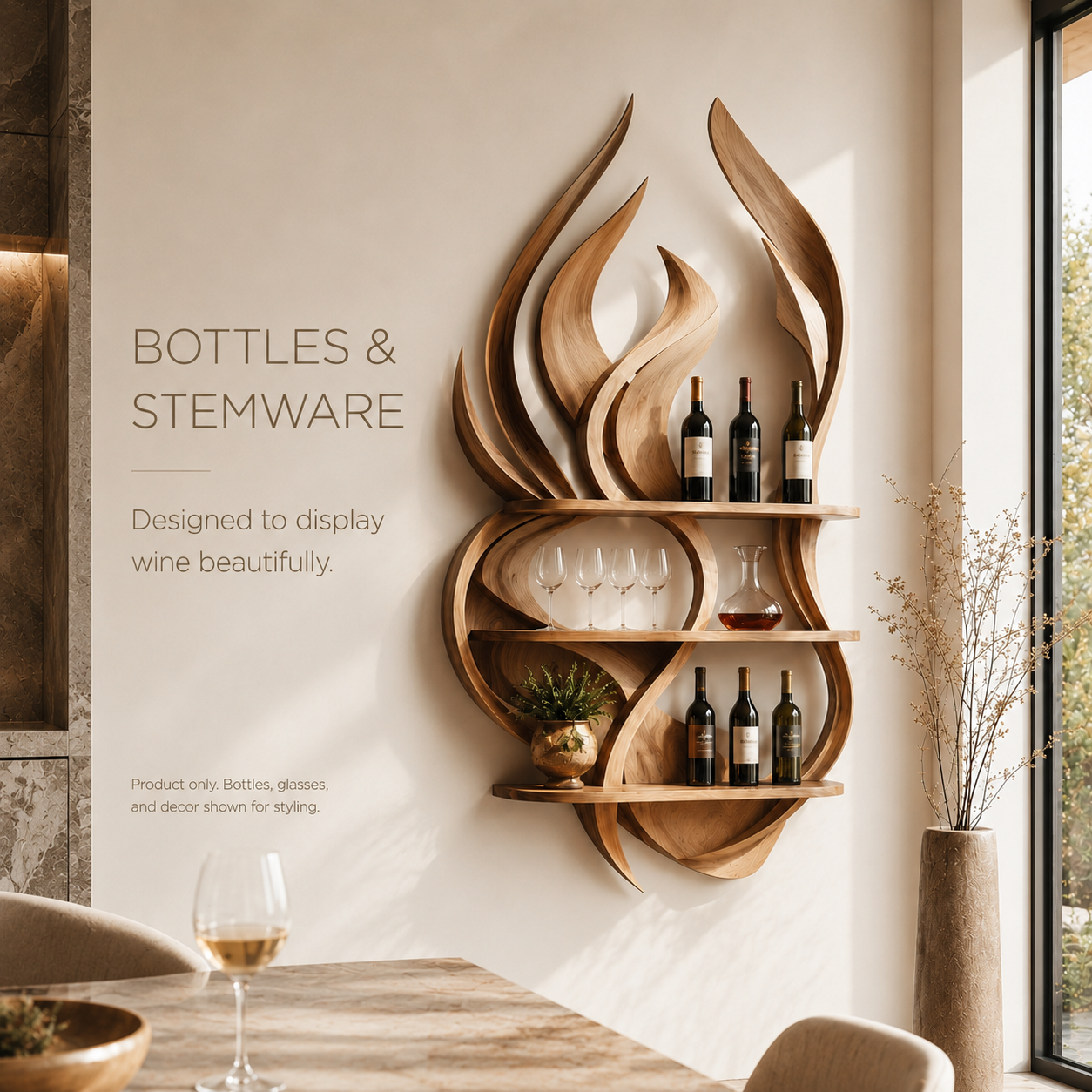 Solid Wood Wall Wine Rack with Glass Holder - Crescent - product image 07