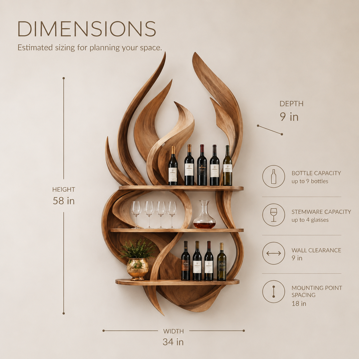 Solid Wood Wall Wine Rack with Glass Holder - Crescent - product image 08