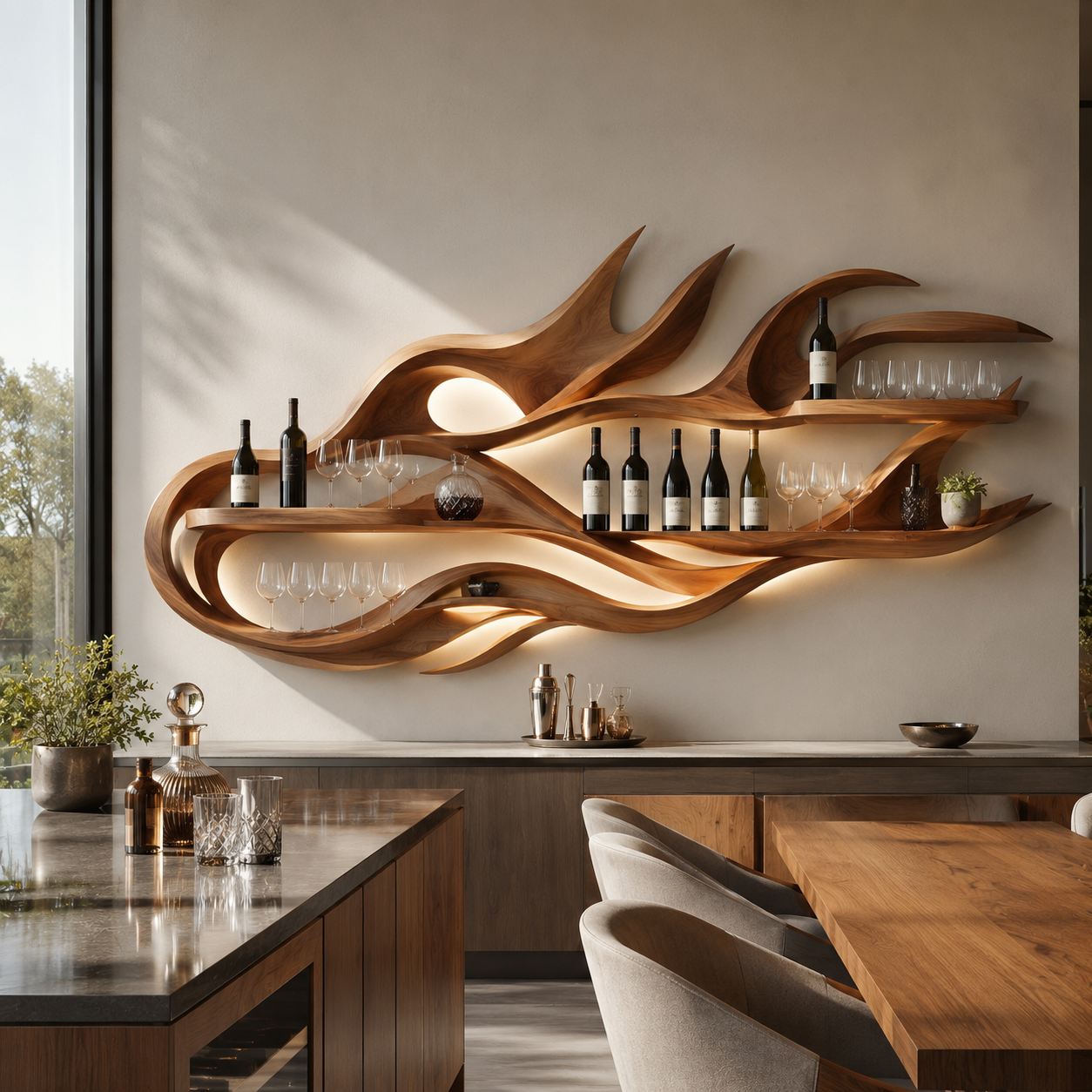 Solid Wood Wall Wine Rack with Glass Holder - Gallery Rail - main view