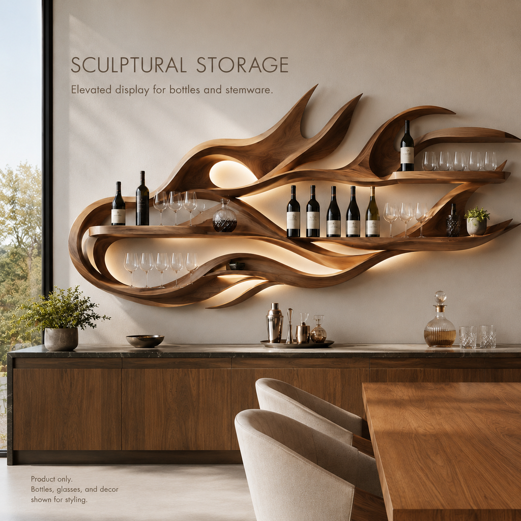 Solid Wood Wall Wine Rack with Glass Holder - Gallery Rail - product image 02