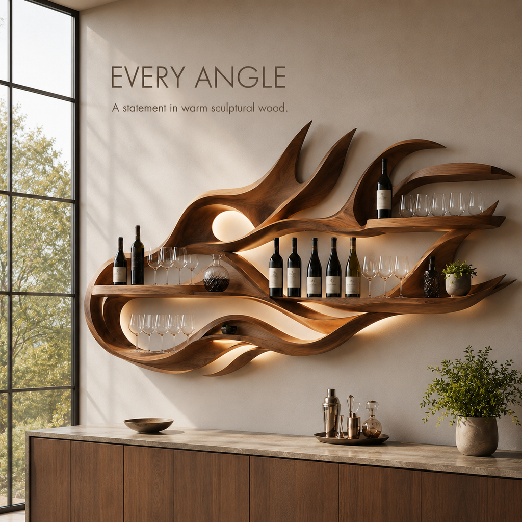 Solid Wood Wall Wine Rack with Glass Holder - Gallery Rail - product image 03