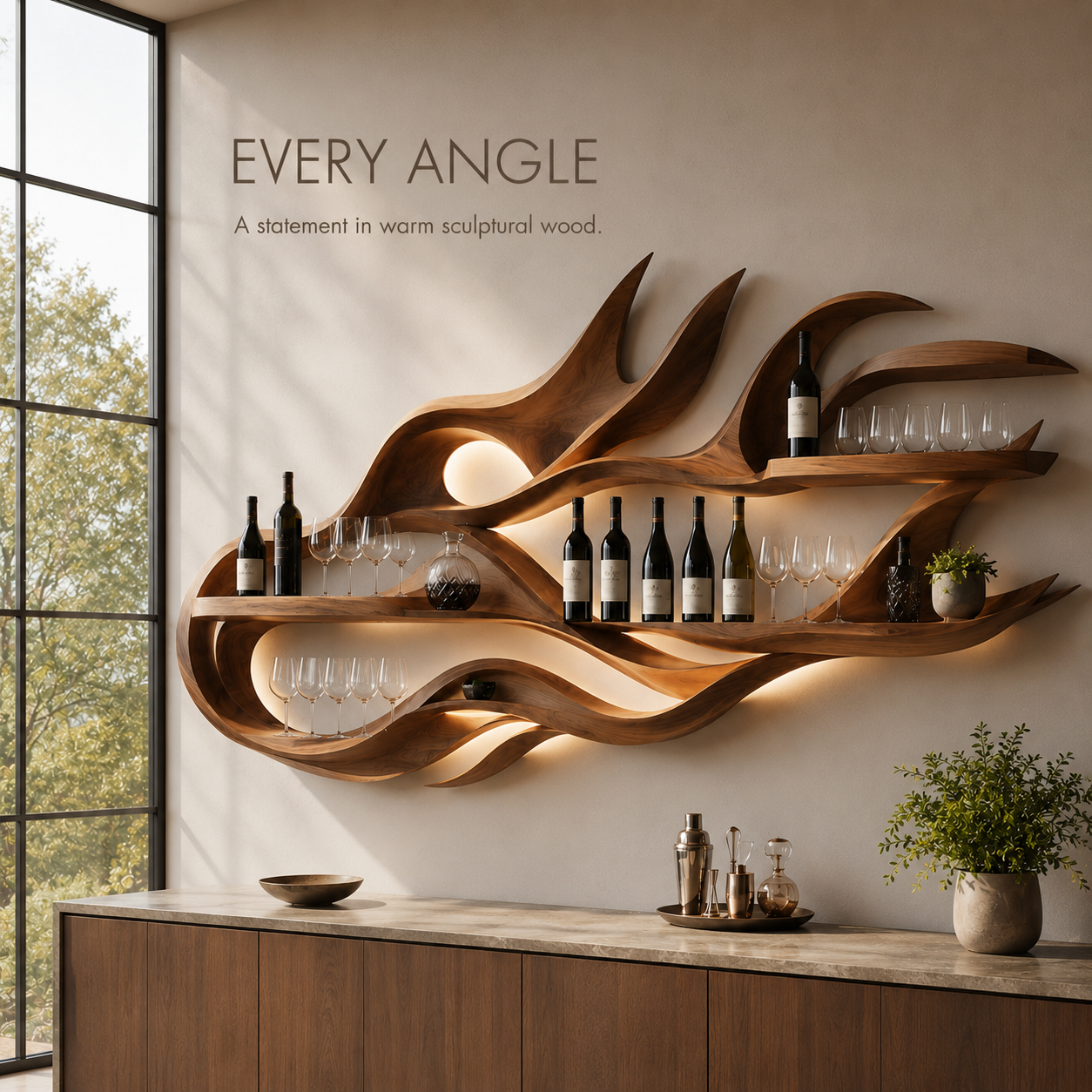 Solid Wood Wall Wine Rack with Glass Holder - Gallery Rail - product image 03