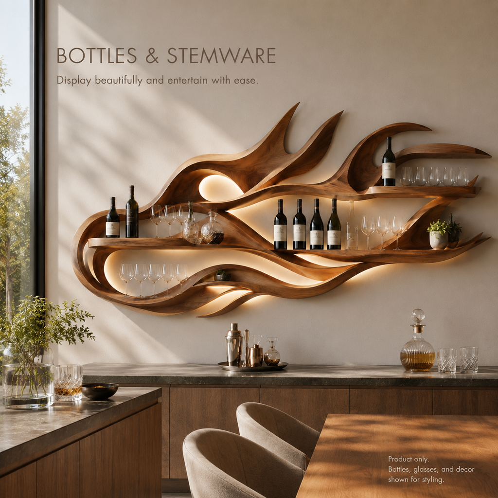 Solid Wood Wall Wine Rack with Glass Holder - Gallery Rail - product image 07