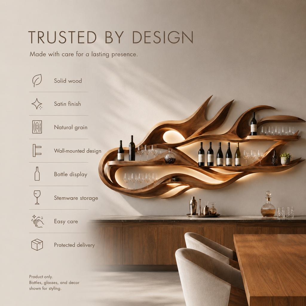 Solid Wood Wall Wine Rack with Glass Holder - Gallery Rail - product image 09