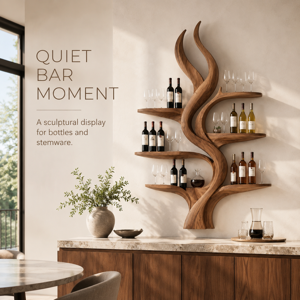 Solid Wood Wall Wine Rack with Glass Holder - Ribbed Wave - product image 02