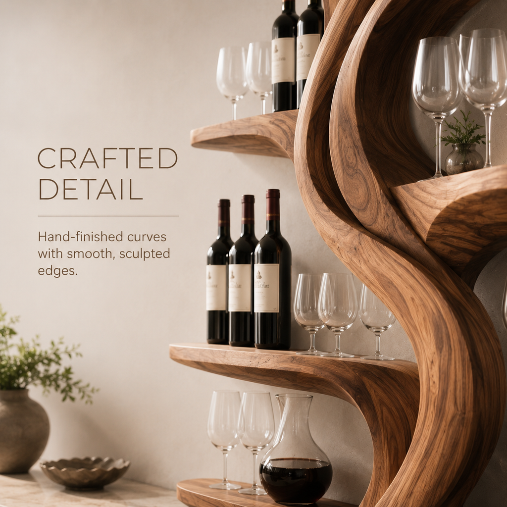 Solid Wood Wall Wine Rack with Glass Holder - Ribbed Wave - product image 03