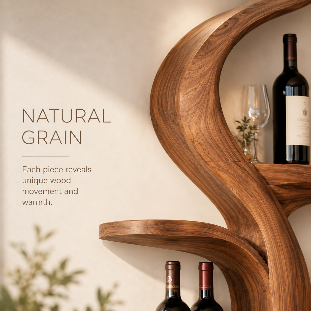 Solid Wood Wall Wine Rack with Glass Holder - Ribbed Wave - product image 05