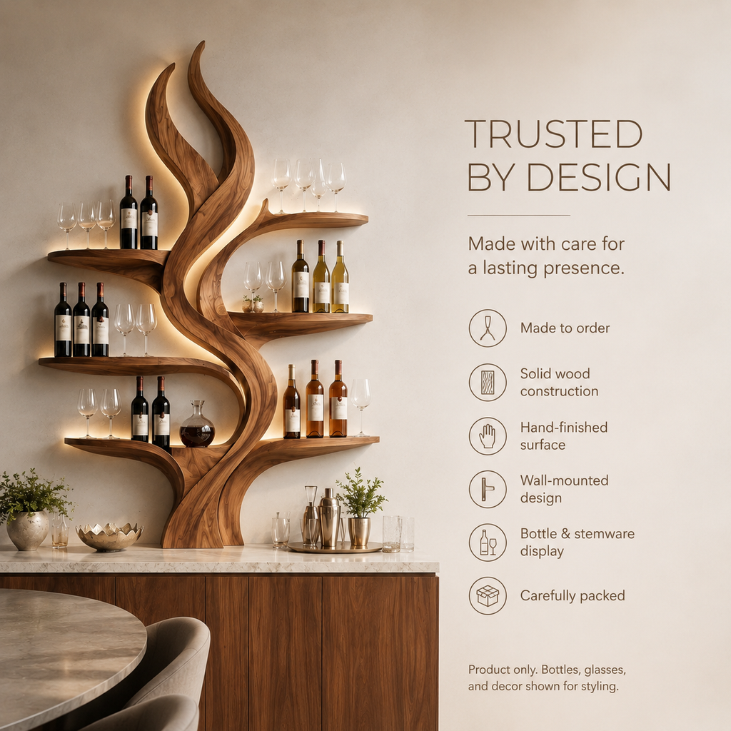 Solid Wood Wall Wine Rack with Glass Holder - Ribbed Wave - product image 06