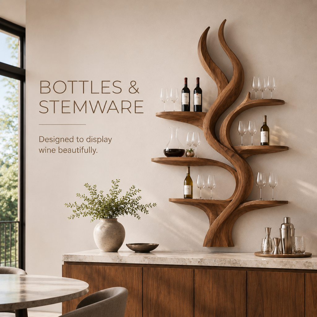 Solid Wood Wall Wine Rack with Glass Holder - Ribbed Wave - product image 07