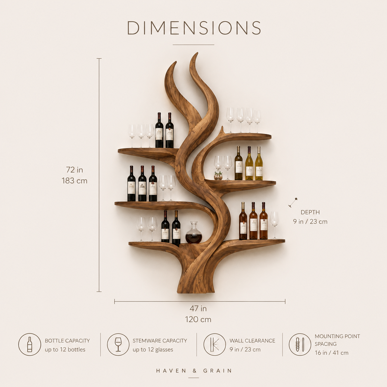Solid Wood Wall Wine Rack with Glass Holder - Ribbed Wave - product image 08