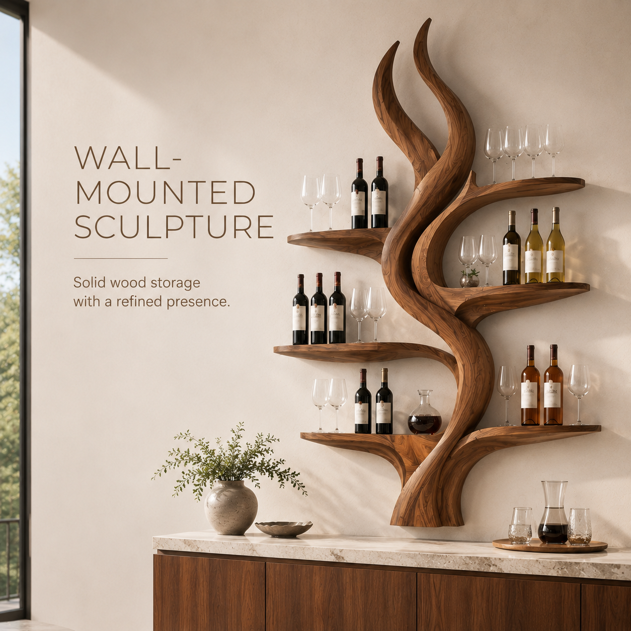 Solid Wood Wall Wine Rack with Glass Holder - Ribbed Wave - product image 09