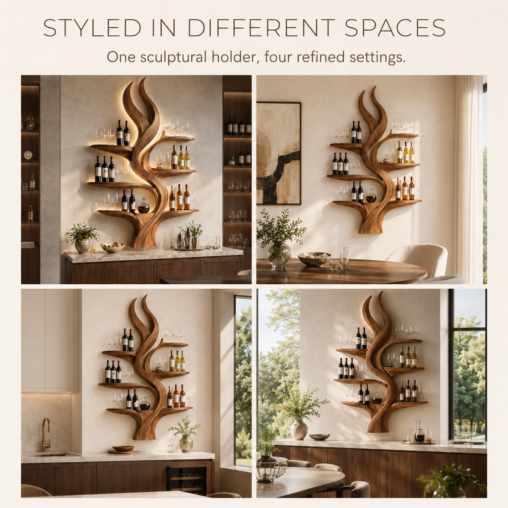 Solid Wood Wall Wine Rack with Glass Holder - Ribbed Wave - product image 10