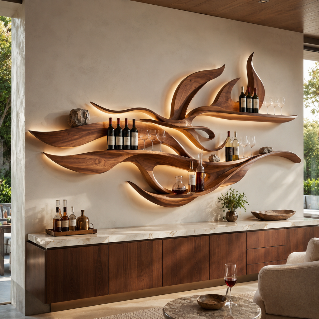 Solid Wood Wall Wine Rack with Glass Holder - Wave - main view