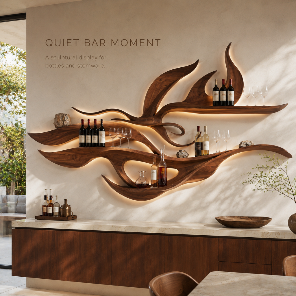 Solid Wood Wall Wine Rack with Glass Holder - Wave - product image 02
