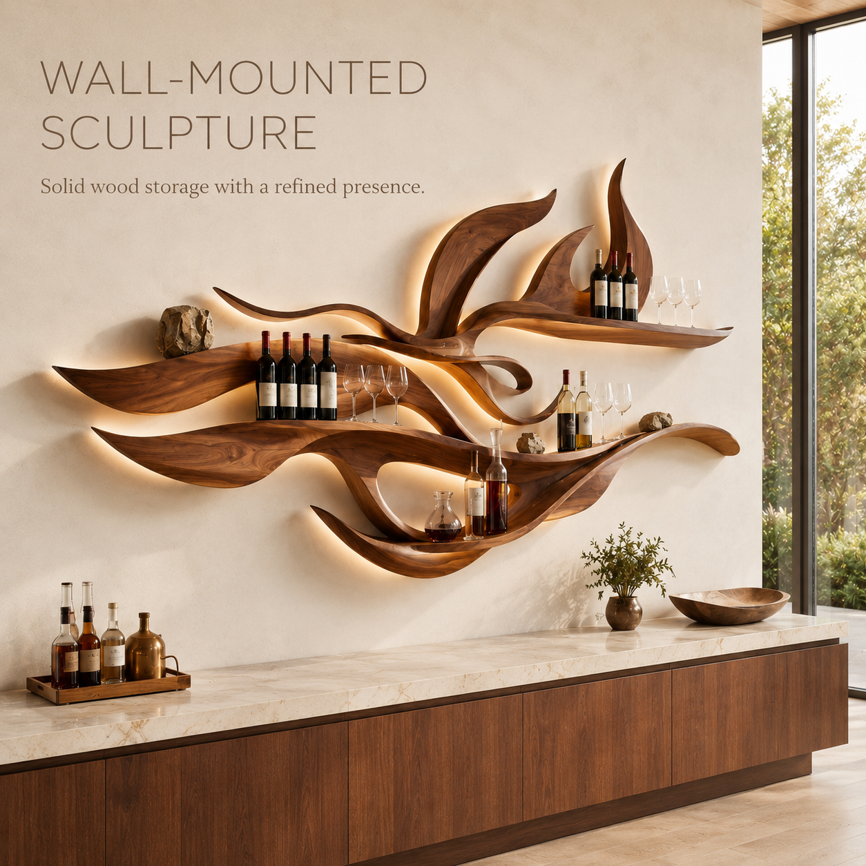 Solid Wood Wall Wine Rack with Glass Holder - Wave - product image 03