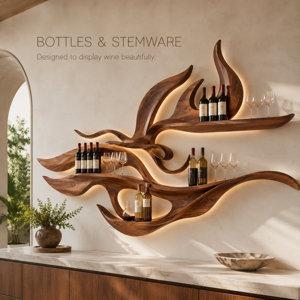 Solid Wood Wall Wine Rack with Glass Holder - Wave - product image 07