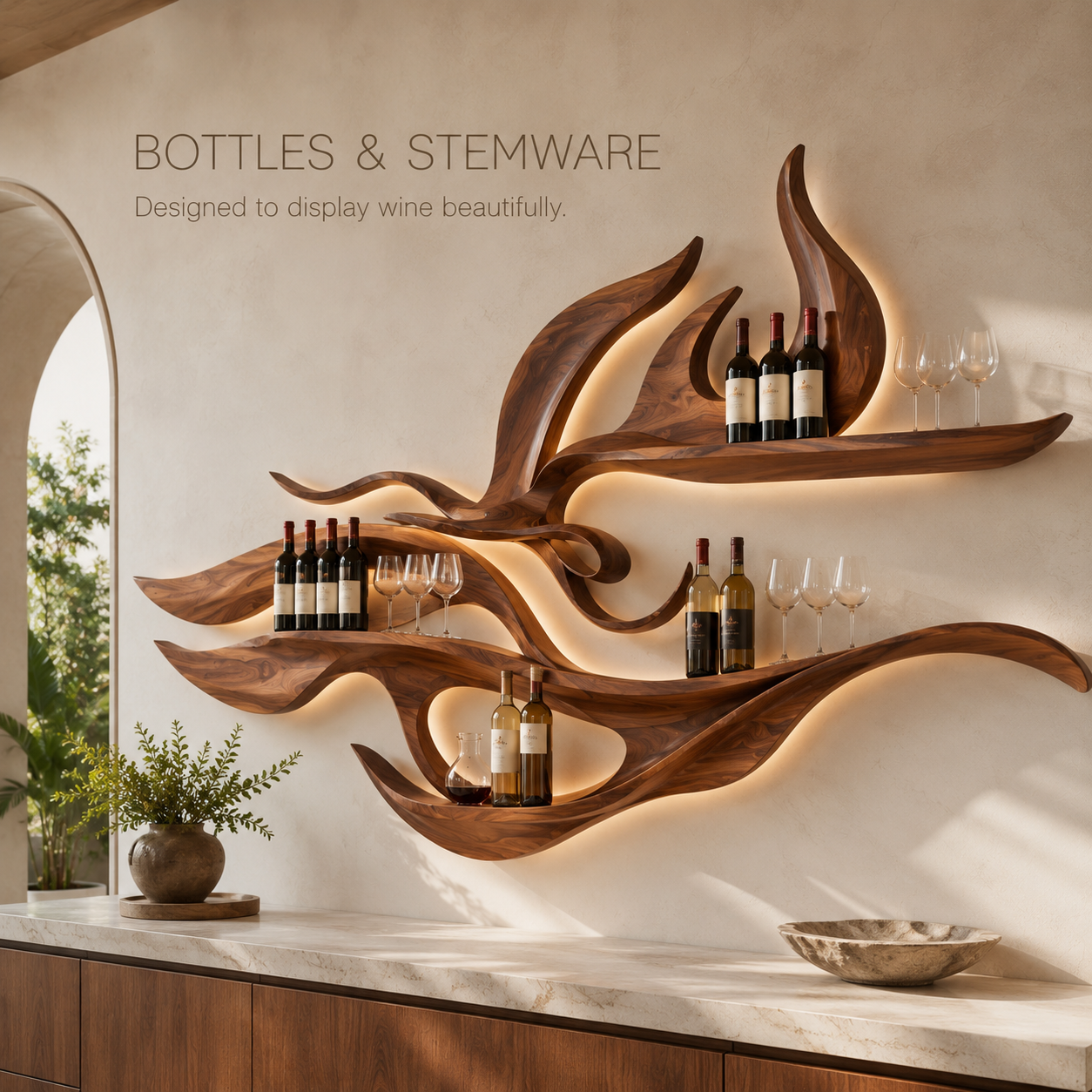 Solid Wood Wall Wine Rack with Glass Holder - Wave - product image 07