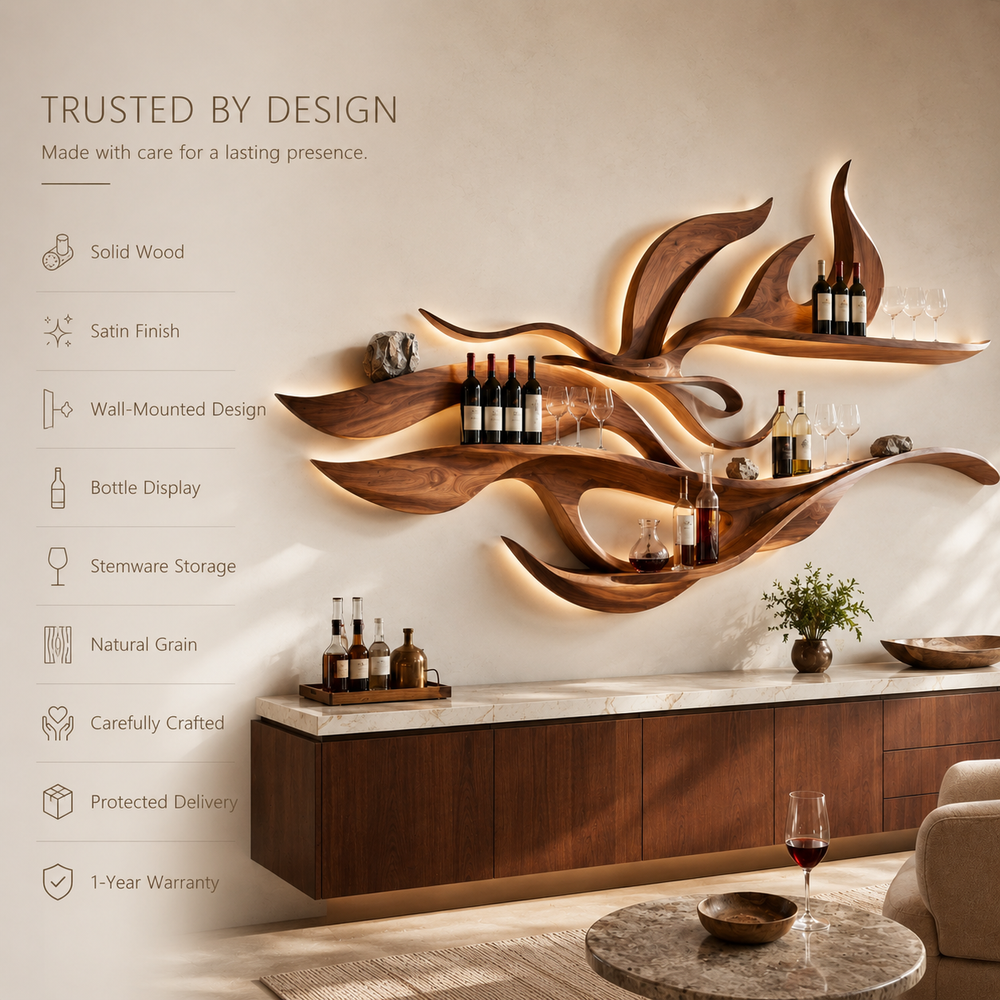 Solid Wood Wall Wine Rack with Glass Holder - Wave - product image 09