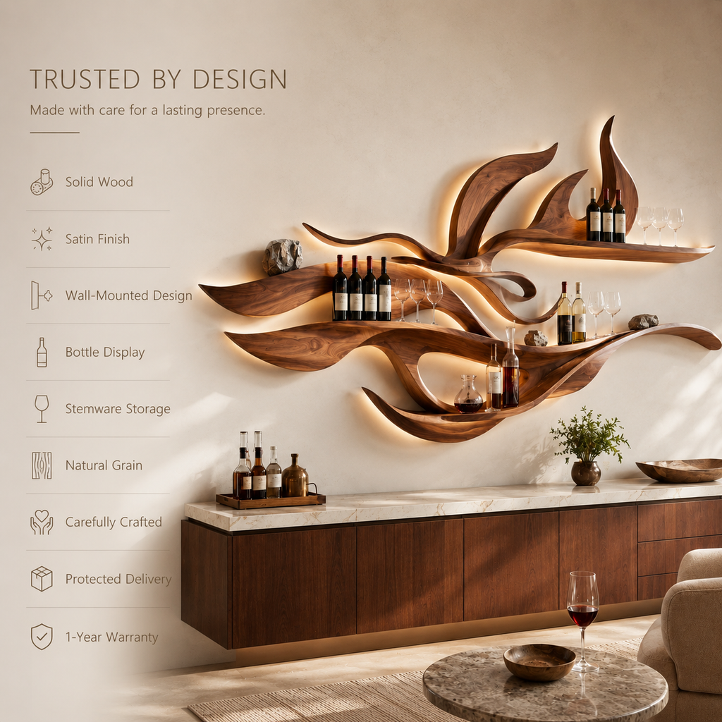 Solid Wood Wall Wine Rack with Glass Holder - Wave - product image 09