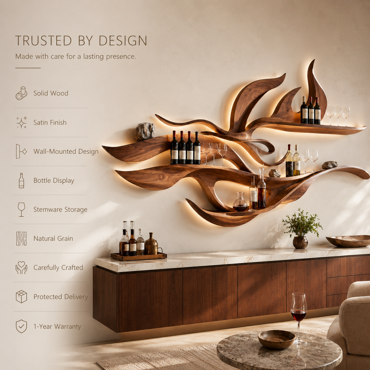 Solid Wood Wall Wine Rack with Glass Holder - Wave - product image 09