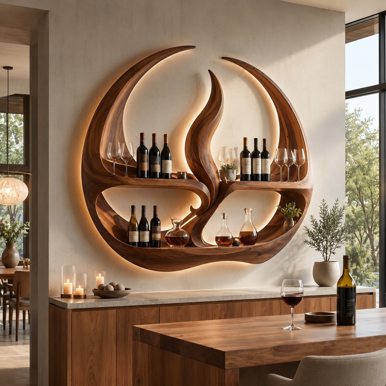 Solid Wood Wall Wine Rack with Glass Holder - Cellular - main view