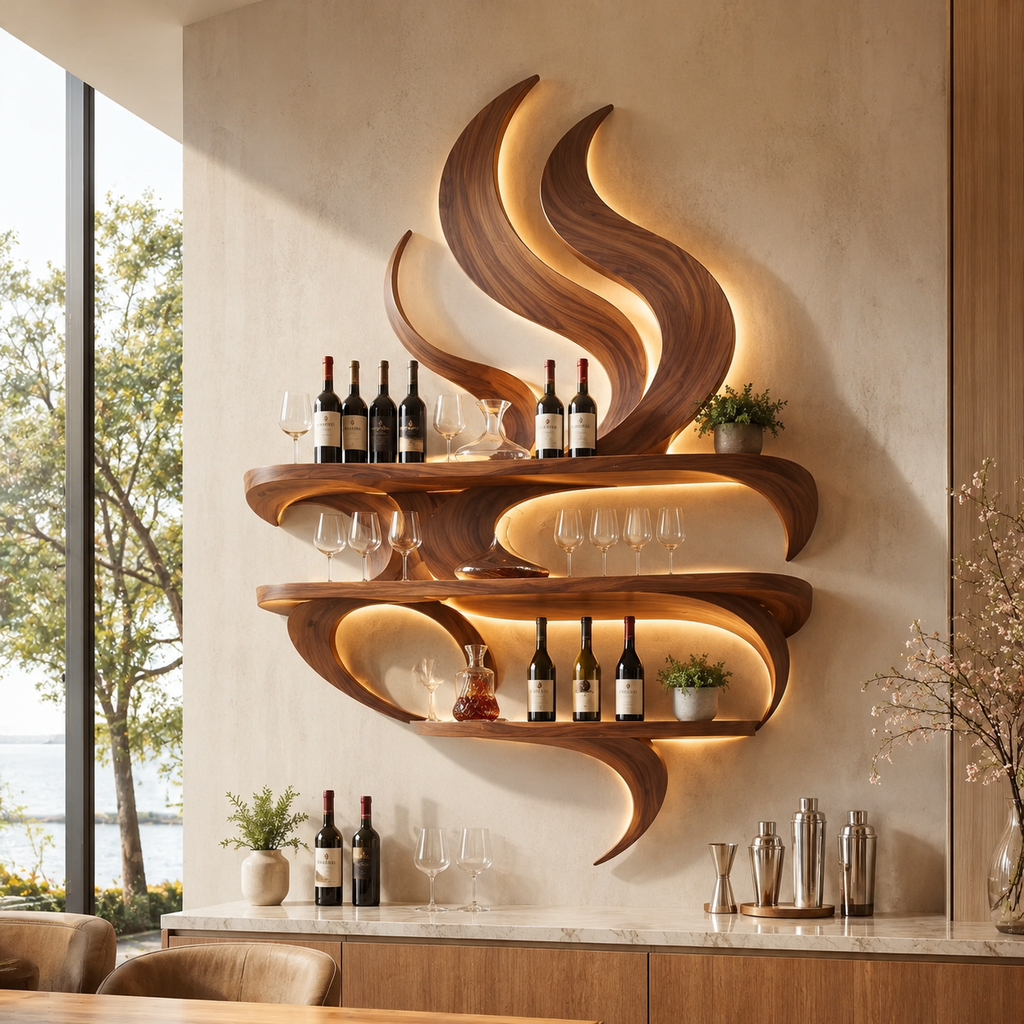 Solid Wood Wall Wine Rack with Glass Holder - Branch Form - main view