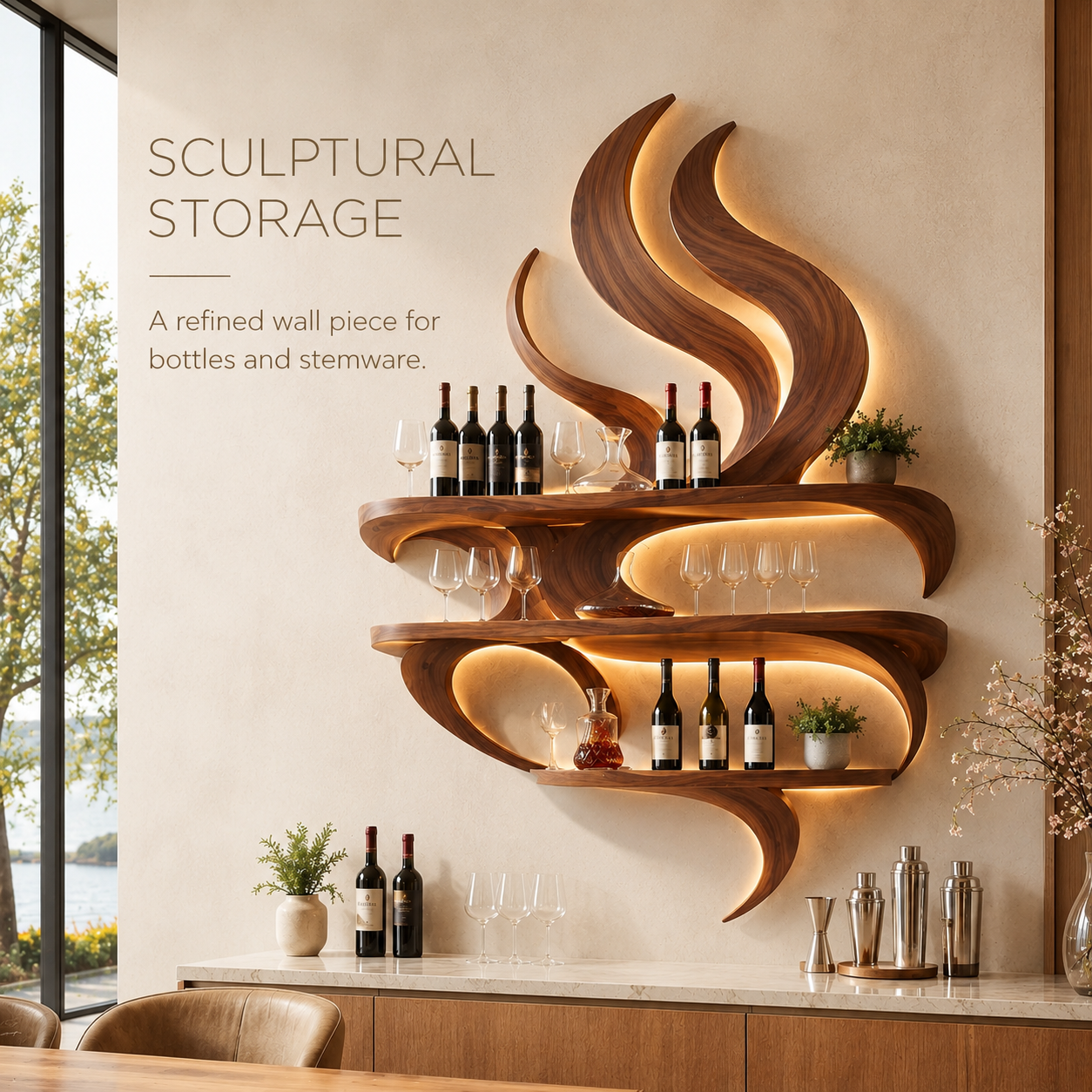 Solid Wood Wall Wine Rack with Glass Holder - Branch Form - product image 02