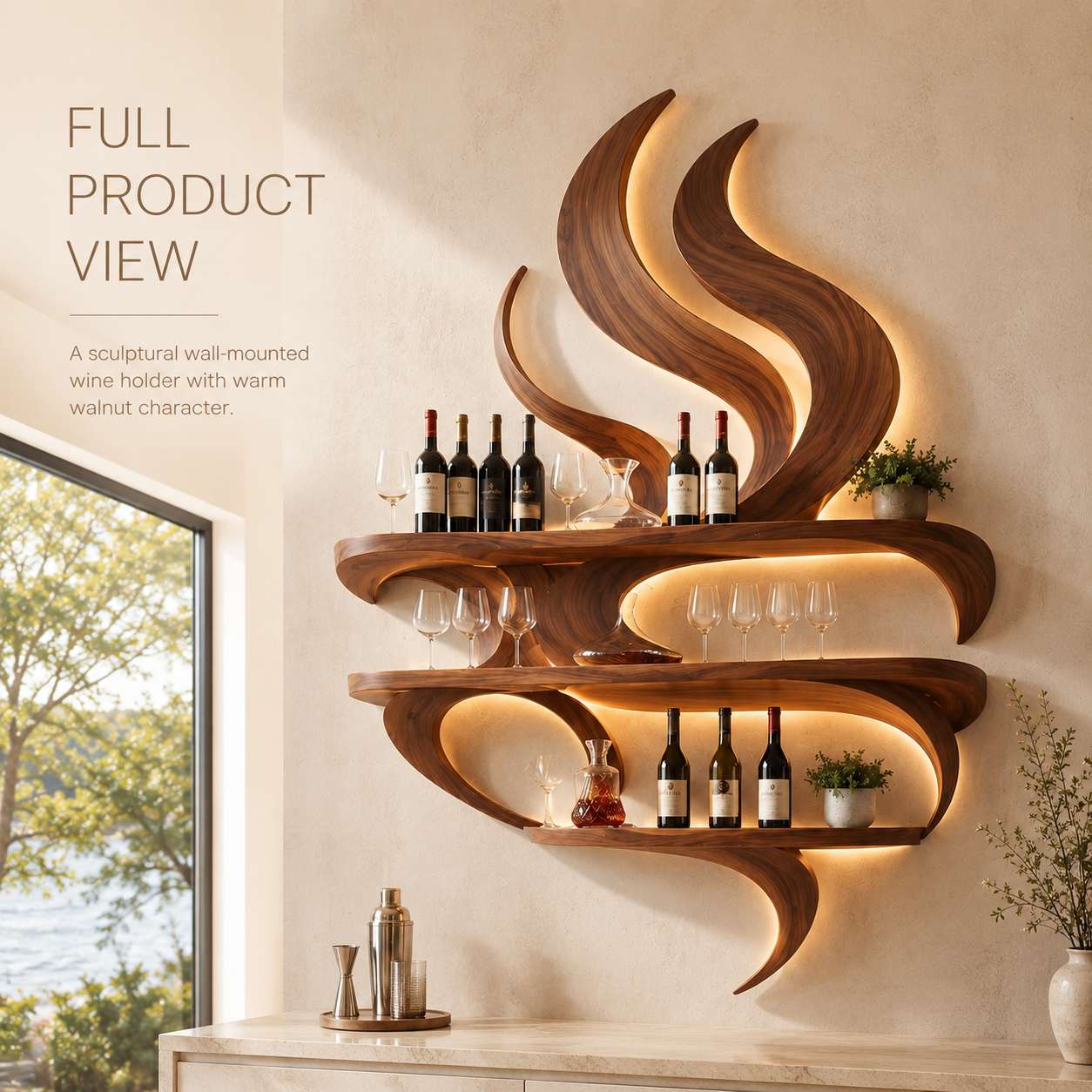 Solid Wood Wall Wine Rack with Glass Holder - Branch Form - product image 03