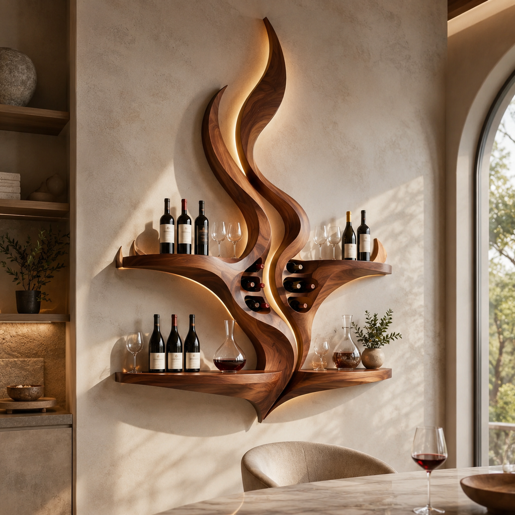 Solid Wood Wall Wine Rack with Glass Holder - Crescent - main view