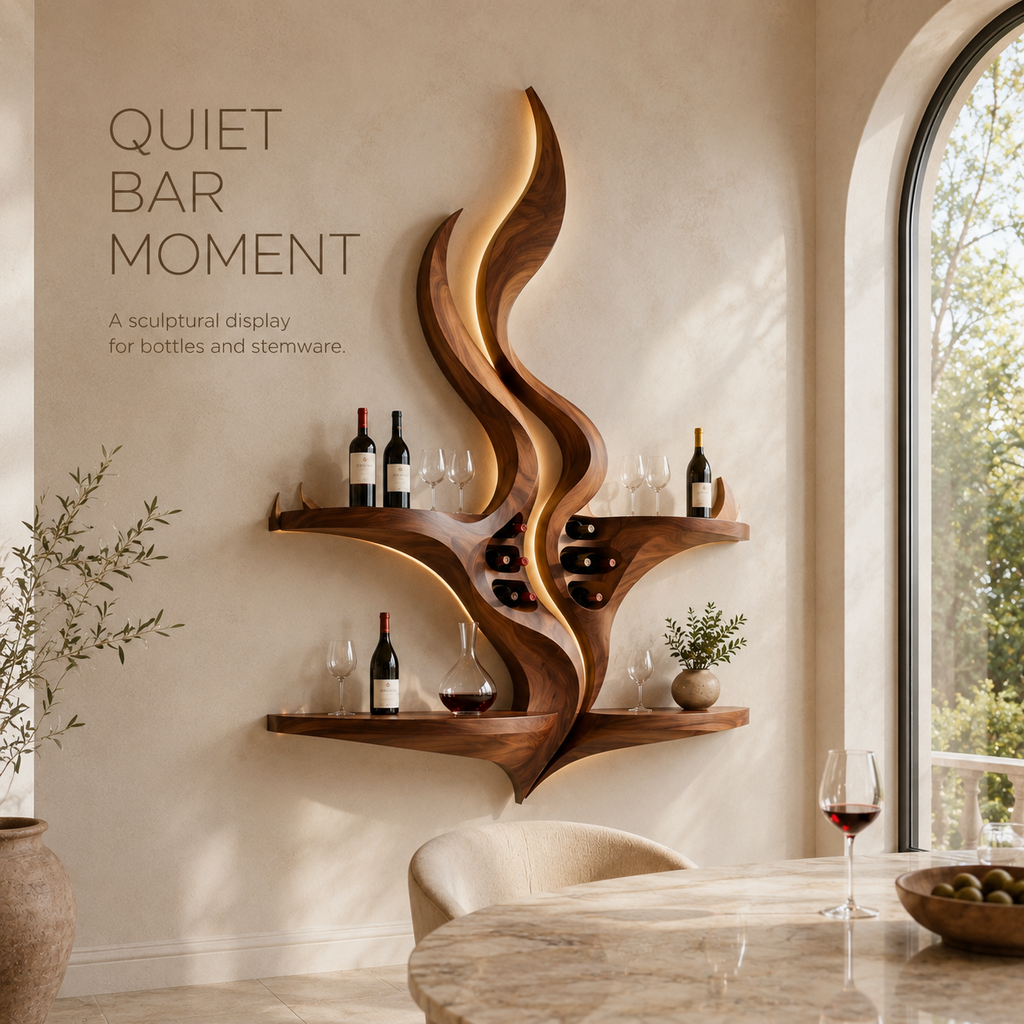 Solid Wood Wall Wine Rack with Glass Holder - Crescent - product image 02