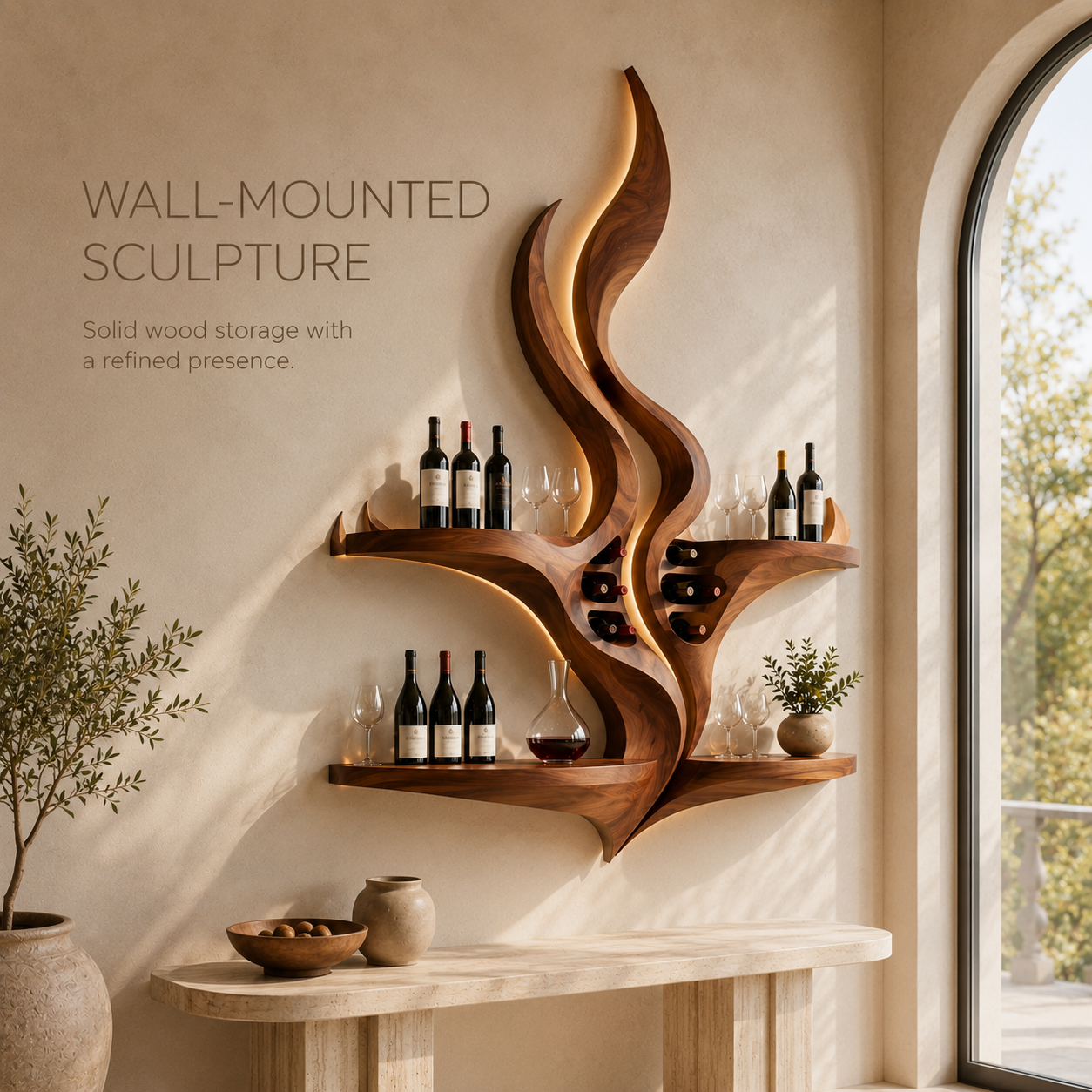 Solid Wood Wall Wine Rack with Glass Holder - Crescent - product image 03