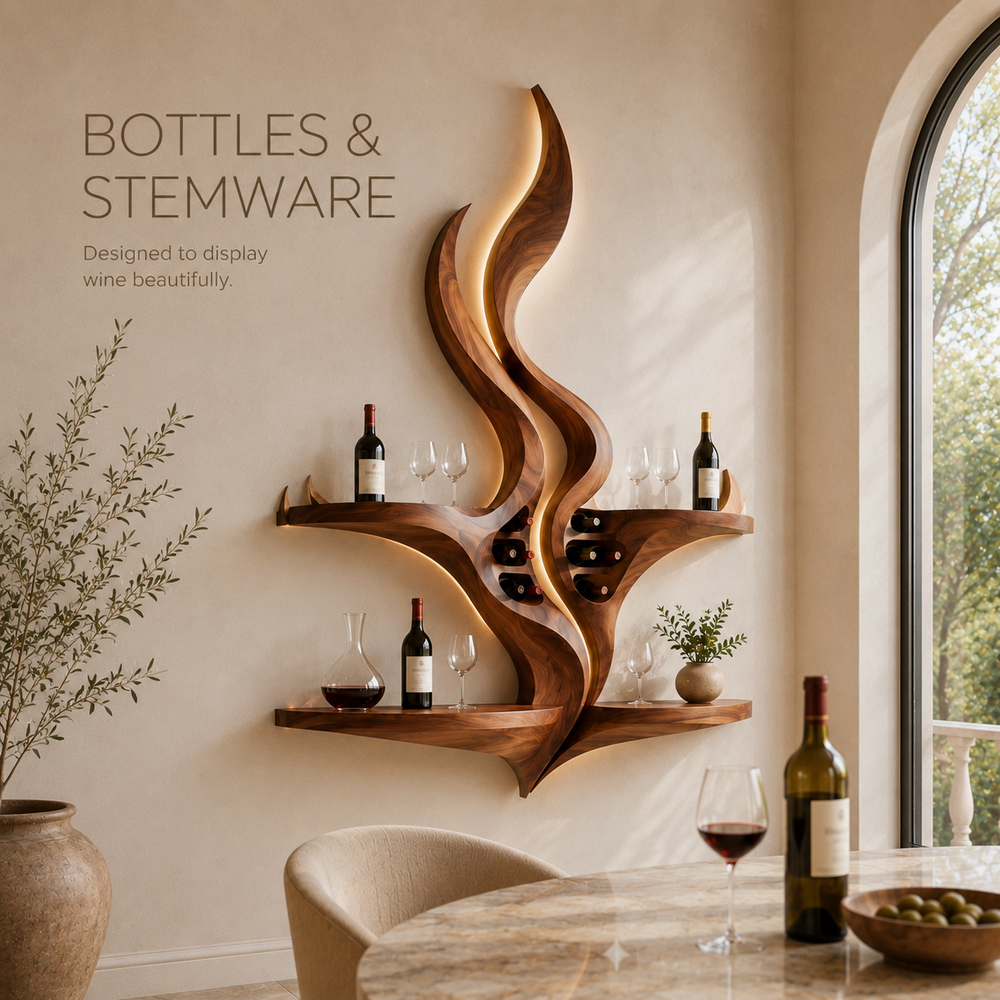 Solid Wood Wall Wine Rack with Glass Holder - Crescent - product image 07