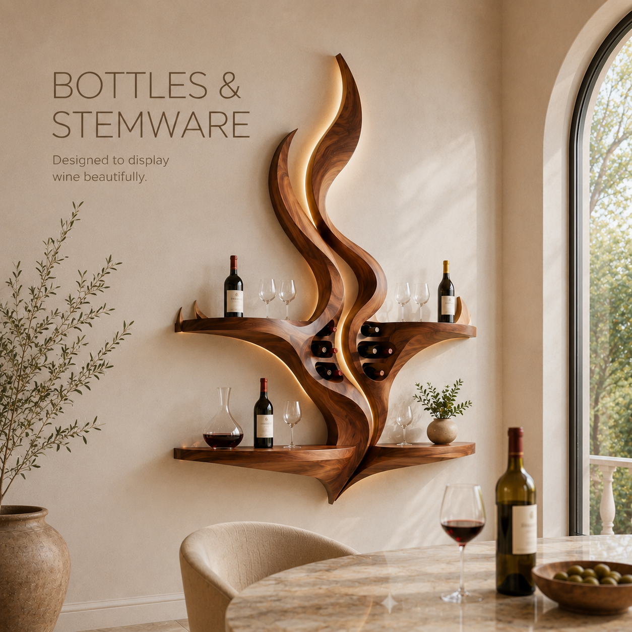 Solid Wood Wall Wine Rack with Glass Holder - Crescent - product image 07