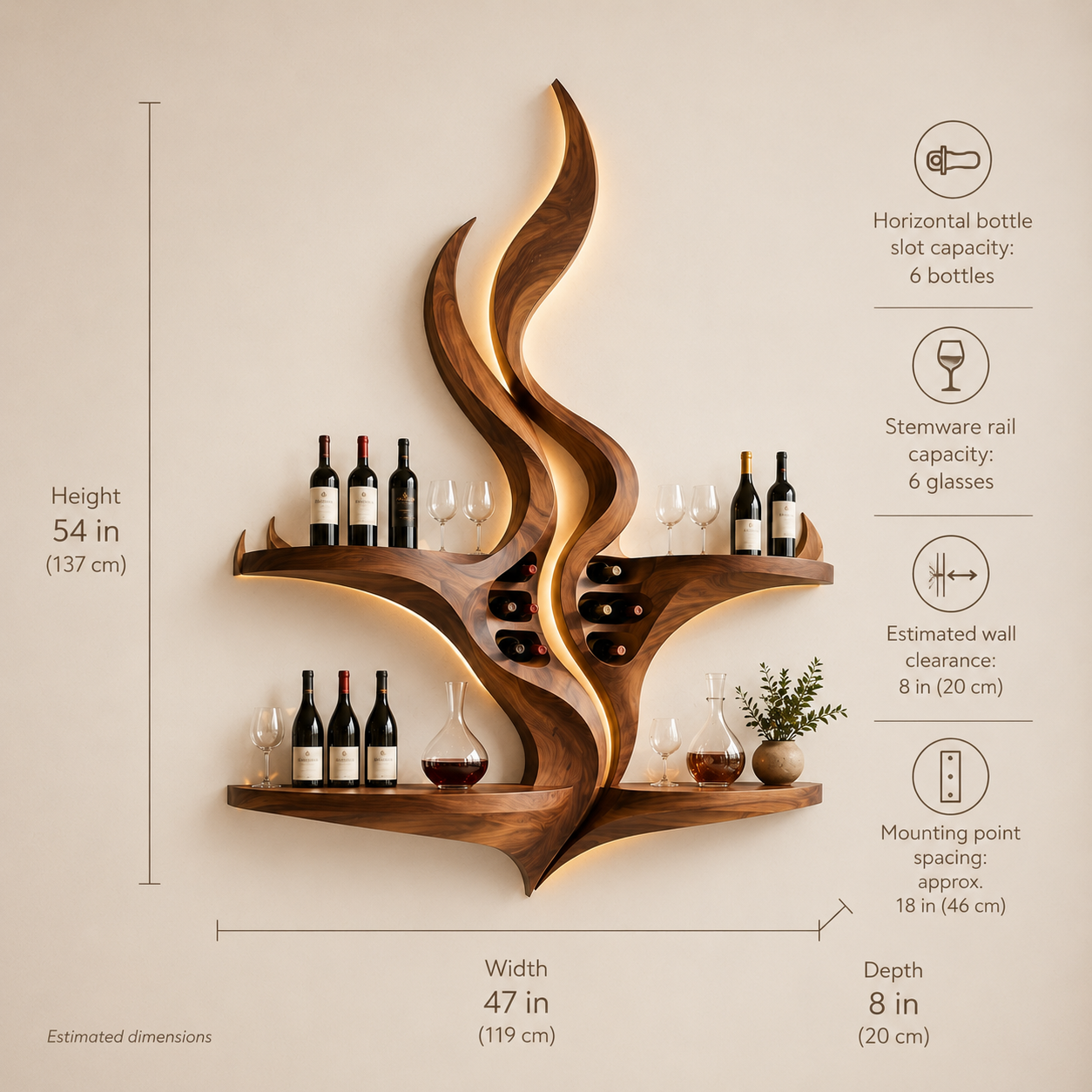Solid Wood Wall Wine Rack with Glass Holder - Crescent - product image 08