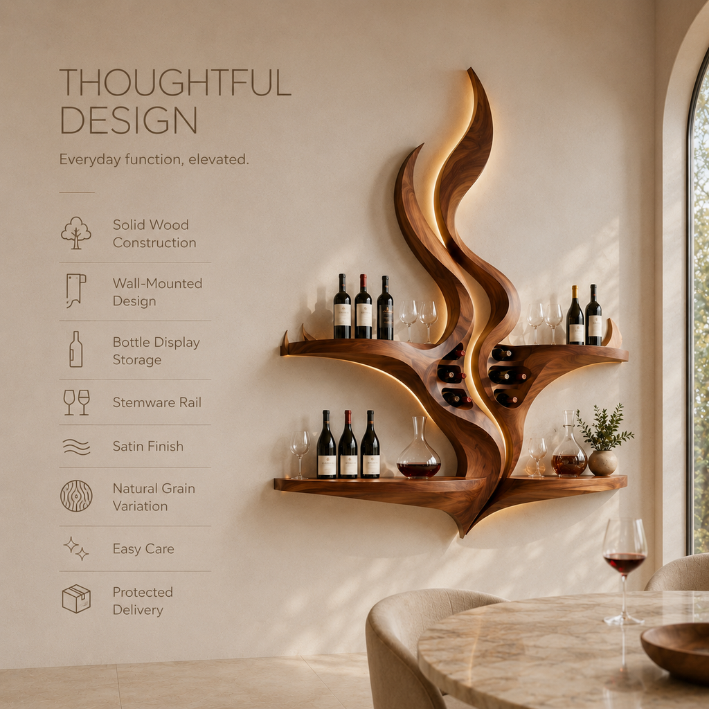 Solid Wood Wall Wine Rack with Glass Holder - Crescent - product image 09
