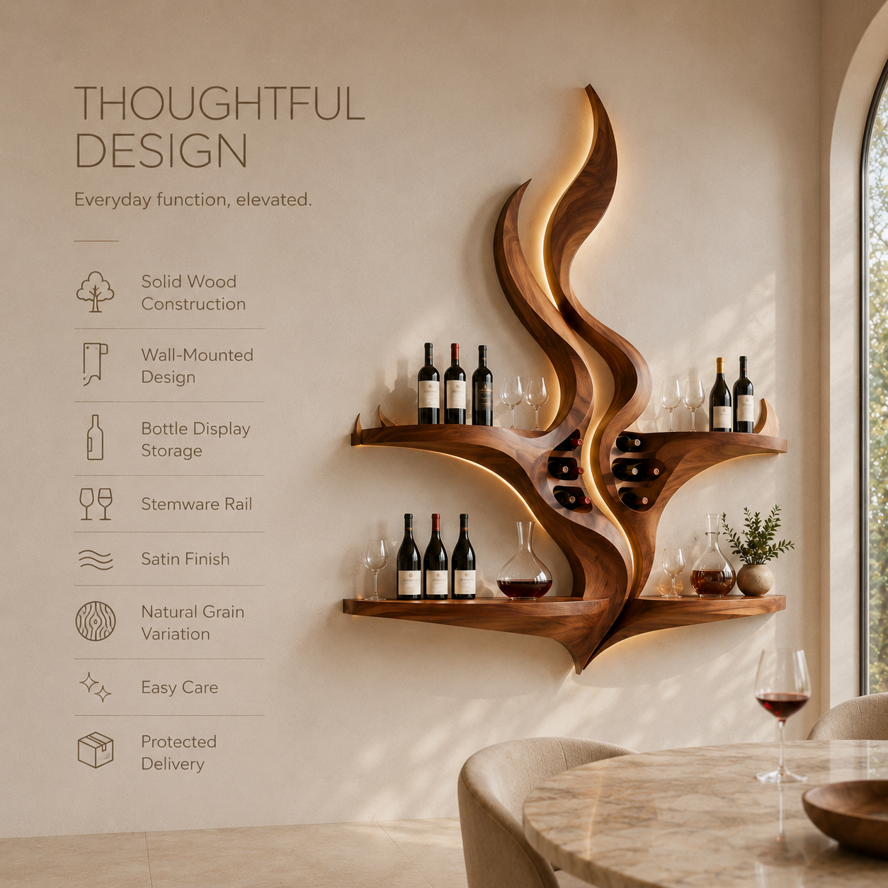 Solid Wood Wall Wine Rack with Glass Holder - Crescent - product image 09