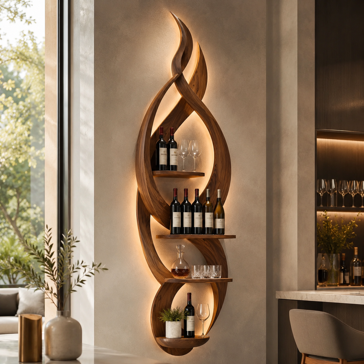 Solid Wood Wall Wine Rack with Glass Holder - Gallery Rail - main view