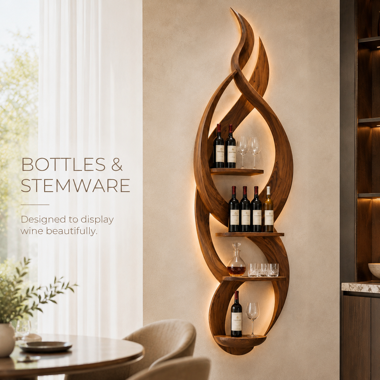Solid Wood Wall Wine Rack with Glass Holder - Gallery Rail - product image 02