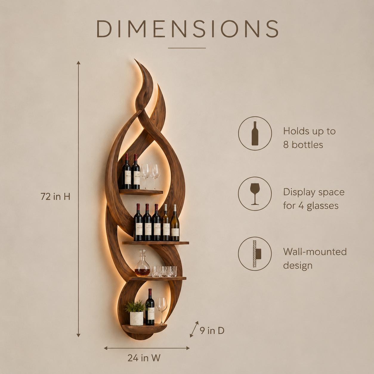 Solid Wood Wall Wine Rack with Glass Holder - Gallery Rail - product image 06