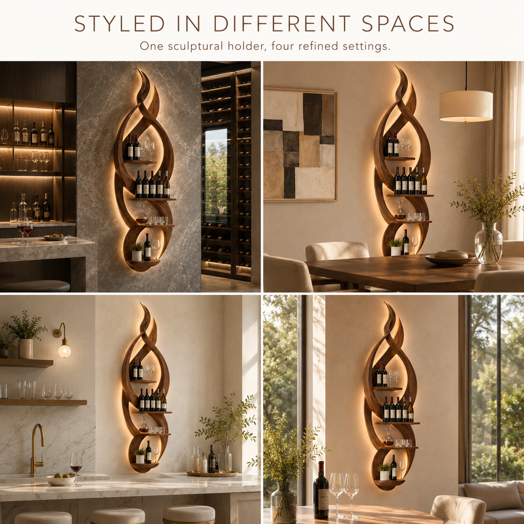 Solid Wood Wall Wine Rack with Glass Holder - Gallery Rail - product image 08