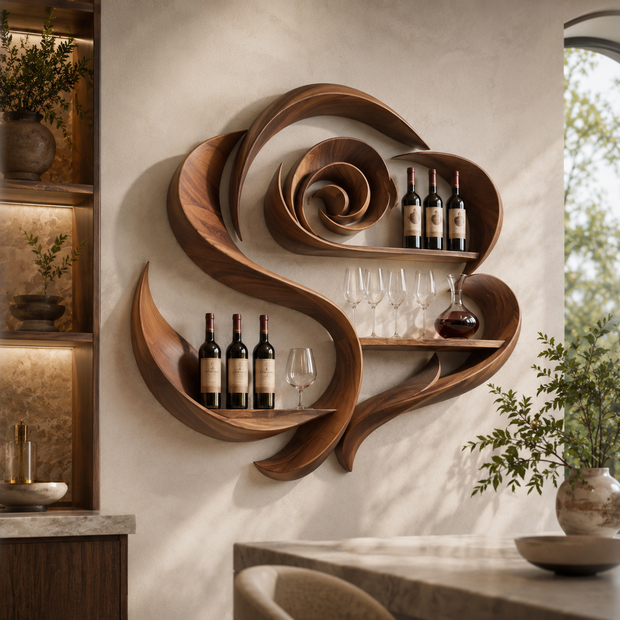 Solid Wood Wall Wine Rack with Glass Holder - Live Edge - main view