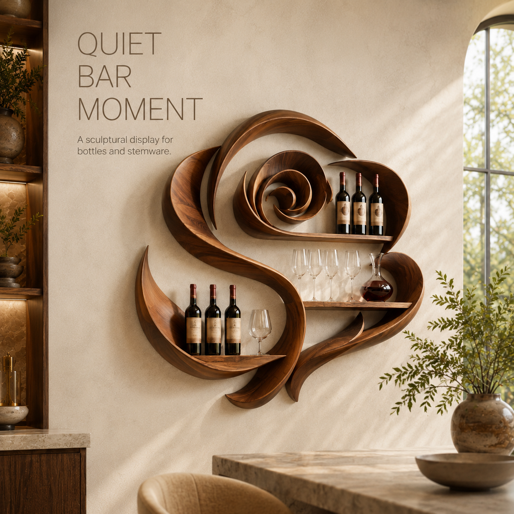 Solid Wood Wall Wine Rack with Glass Holder - Live Edge - product image 02