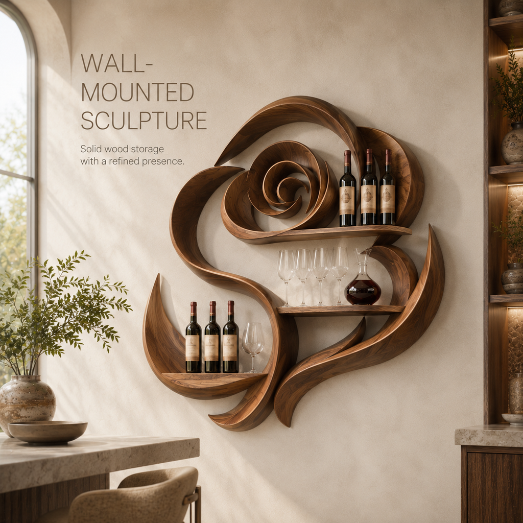 Solid Wood Wall Wine Rack with Glass Holder - Live Edge - product image 03